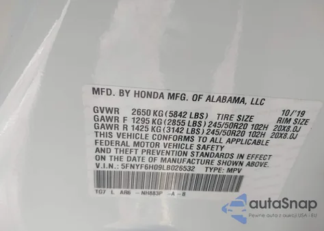 2020 Honda Pilot Awd Elite из США, поврежденный, VIN 5FNYF6H09LB026532
